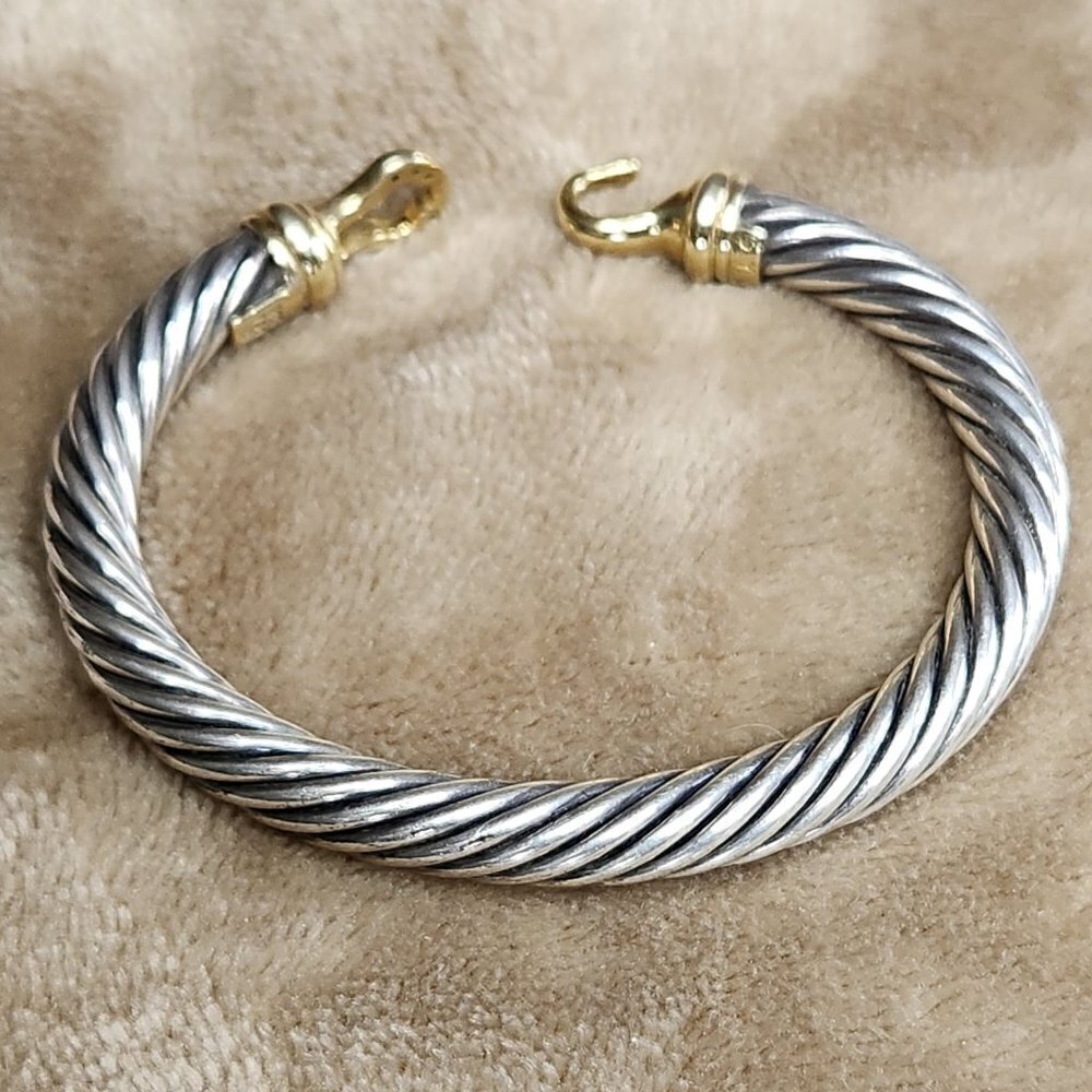 David Yurman Sterling Silver & 18K Yellow Buckle Bangle Bracelet - Picture 2 of 10